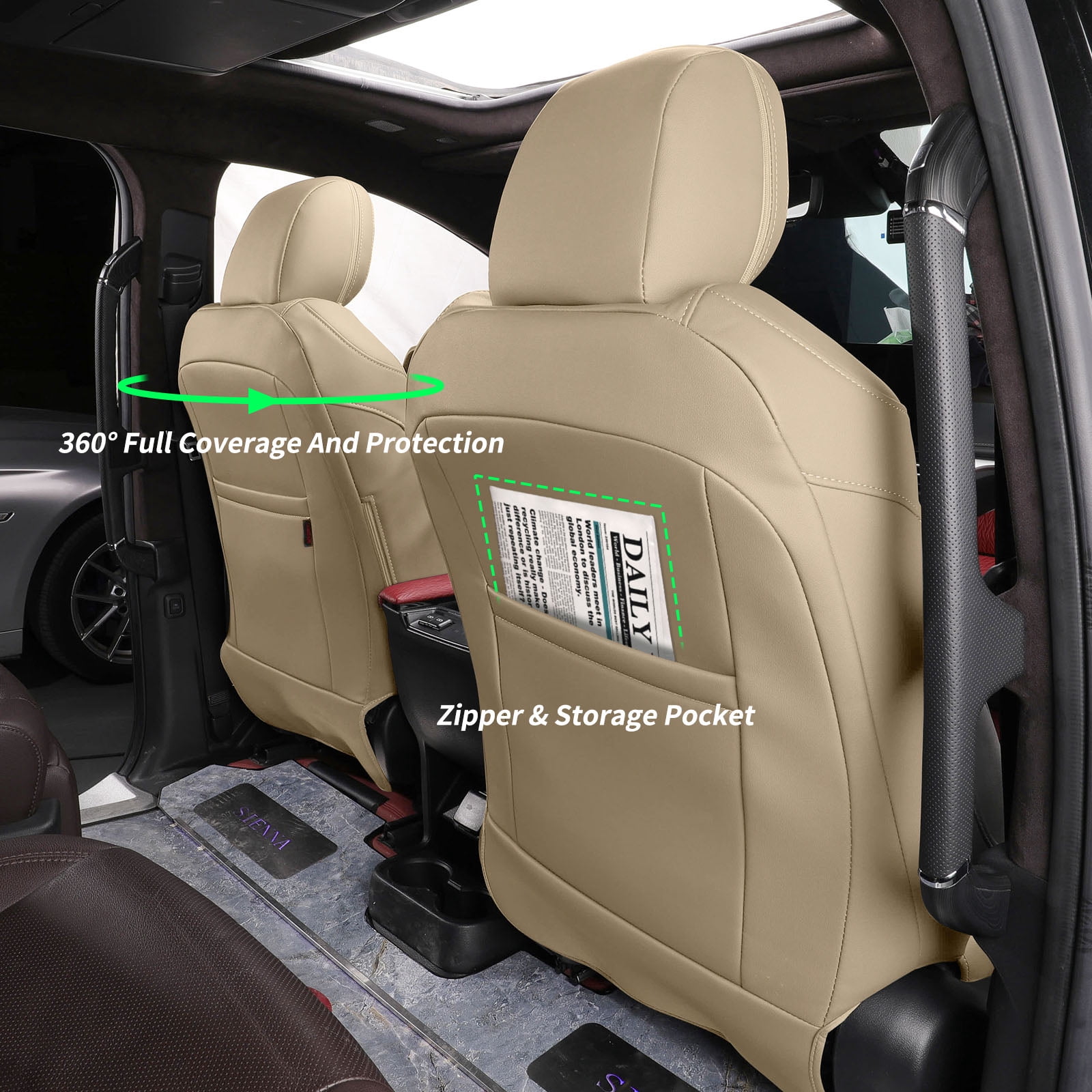Coverdream Custom Fit Sienna(7 Seat) Car Seat Covers for 2021-2026 Toyota Sienna XLE,XSE,Limited,Platinum 2023-2026 Woodland Edition-Leather Seat Covers(Full Set,Beige)