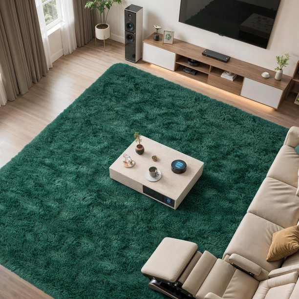 Alfombra Zentavio, 274 x 366 cm, verde oscuro, esponjosa, suave y lavable