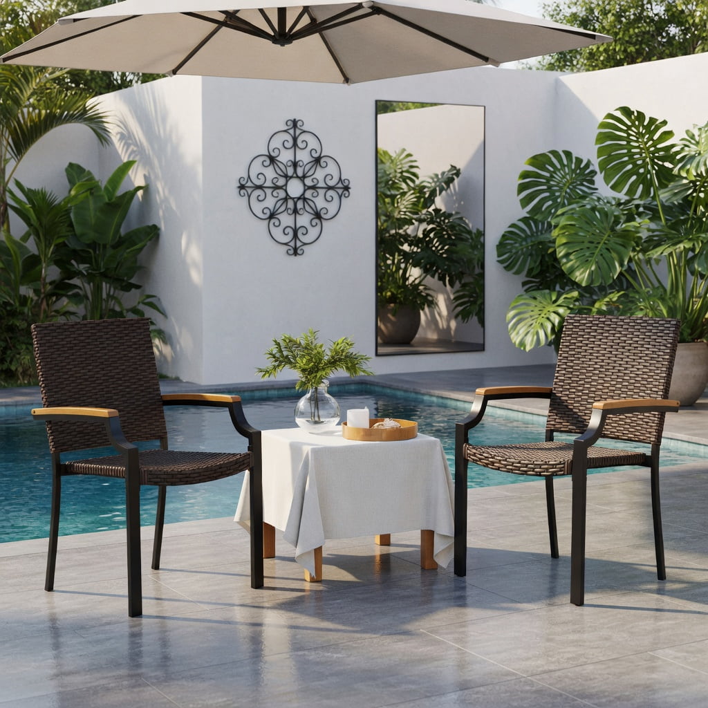 Hommoo 2-Piece Stackable Outdoor Dining Chairs, PE Rattan Wicker with Acacia Wood Armrests, Heavy-Duty Metal Frame, Weather-Resistant Patio Seating for Backyard, Porch & Garden, Brown