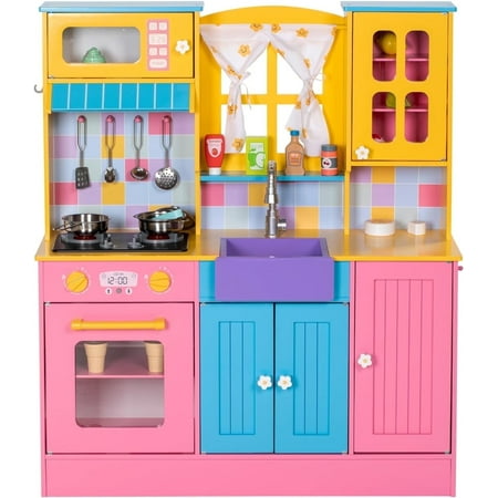 BRINJOY Wooden Play Kitchen with Decorative Curtains, Complete Kids Pretend Play Set with Sink, Stove, Oven, Cookware and Storage, Role Play Toy Gift for Ages 3+