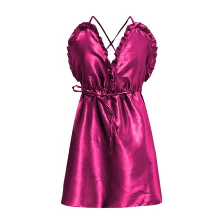 

NARABB Ladies Solid Color Erotic Ruffle Sexy Deep V Satin Sexy Camisole Nightdress