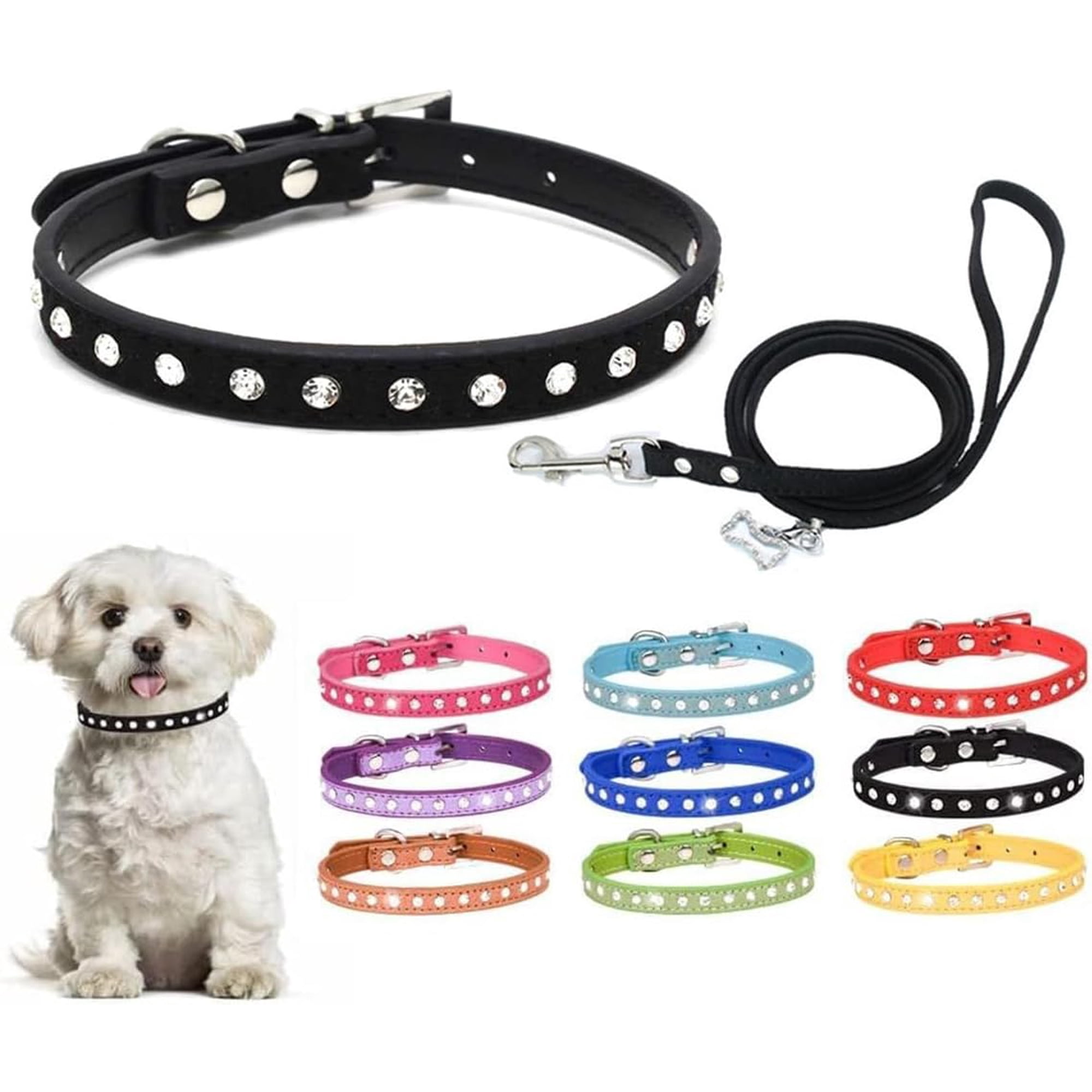 Rhinestone Dog Collar and Leash Set Cute Dazzling Sparkling Fun Soft Suede Leather Cat Collars Crystal Diamond Pet for XXS XS Small Medium Puppy Kitty Girl Boy