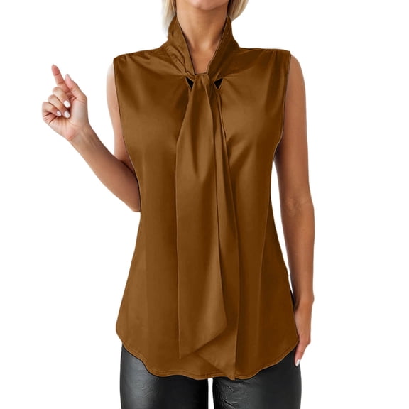 LIUJUNSHOP Women's Elegant Bow Tie Neck Sleeveless Blouse Office Workwear Shirt Top