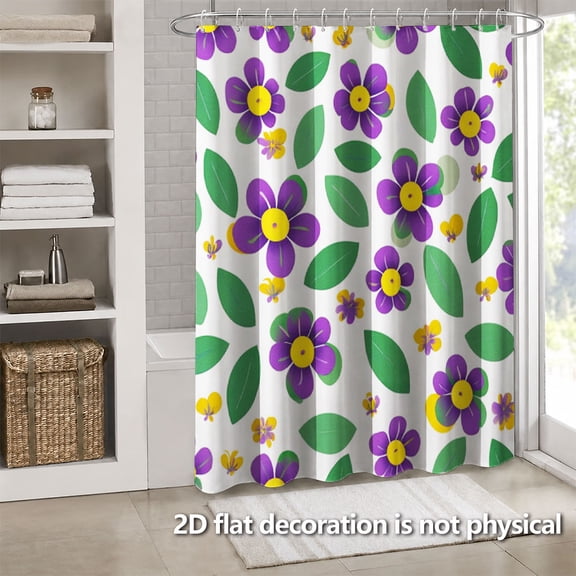 Hoease Purple Floral Green Leaf White Background Shower Curtain, 71W x 71L Inch Waterproof Fabric Bathroom Curtain with 12 Hooks, Fresh Cottage Floral Bath Decor