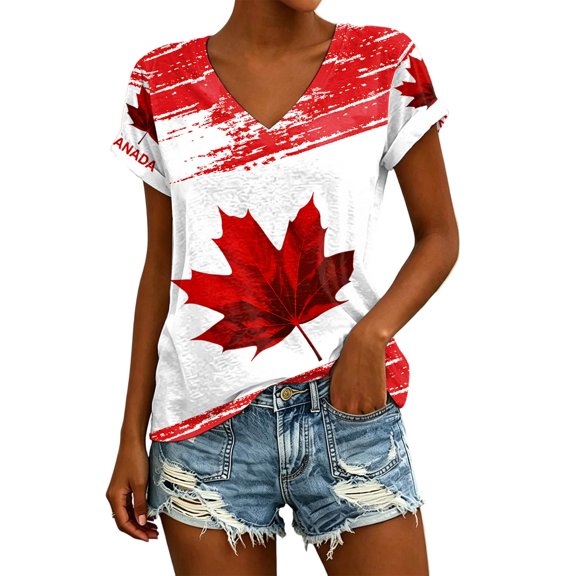 Puliio Womens Realistic Maple Print V Neck T Shirt Rolled Sleeve Casual Patriotic Summer Graphic Tee