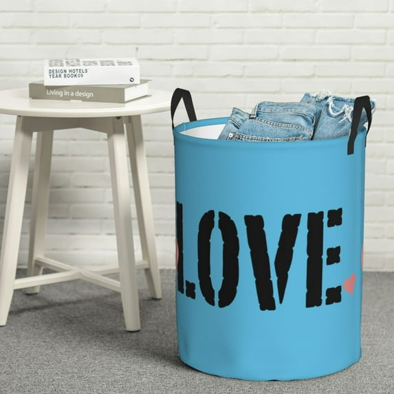 YFYANG Waterproof Laundry Hamper, Lake Blue Romantic Love Laundry Basket Oxford Fabric with Handle Foldable, S