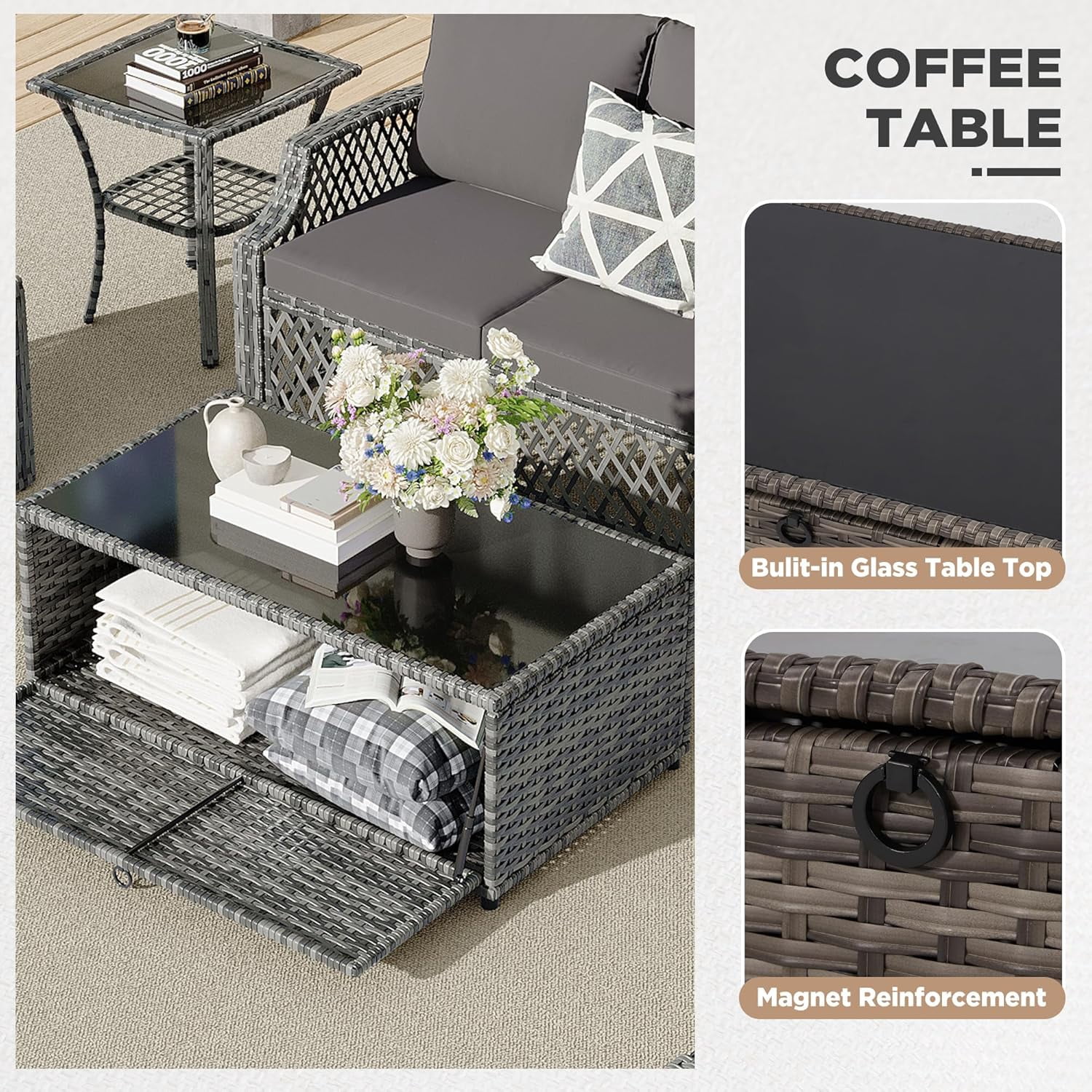 Vicluke 7 Piece Patio Furniture Set, Wicker Outdoor Conversation Sofa Set with Swivel Chairs, 2 Ottomans, Storage Coffee Table, Rattan Outdoor Sectional for Deck Backyard Porch （7 Seats, Gray）