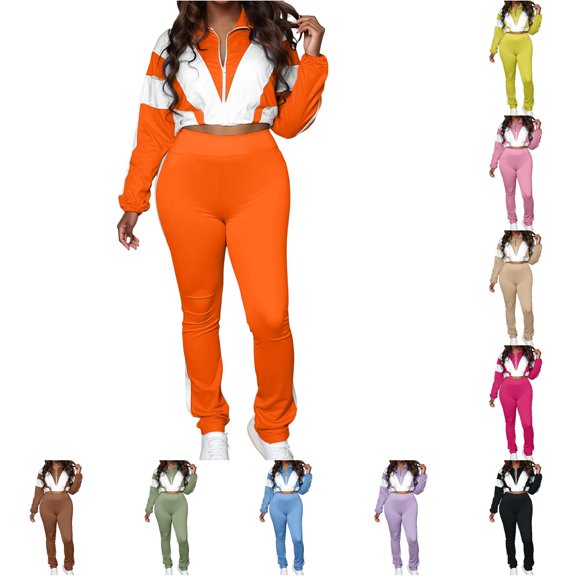 Unir Women Casual 2 Piece Sweatsuit, Brushed Polyester Color Block Zip Crop Top & Stretch Slim Jogger Pants Comfort Daily Outfit S-XXL True To Size