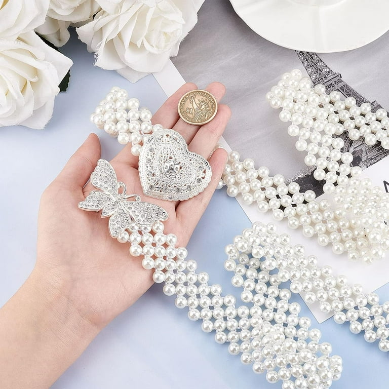 2pcs 2 Style ABS Plastic Pearl Braided Stretch Chain Belts with Alloy Oval Clasp, Heart & Butterfly Crystal Rhonestont Waist...