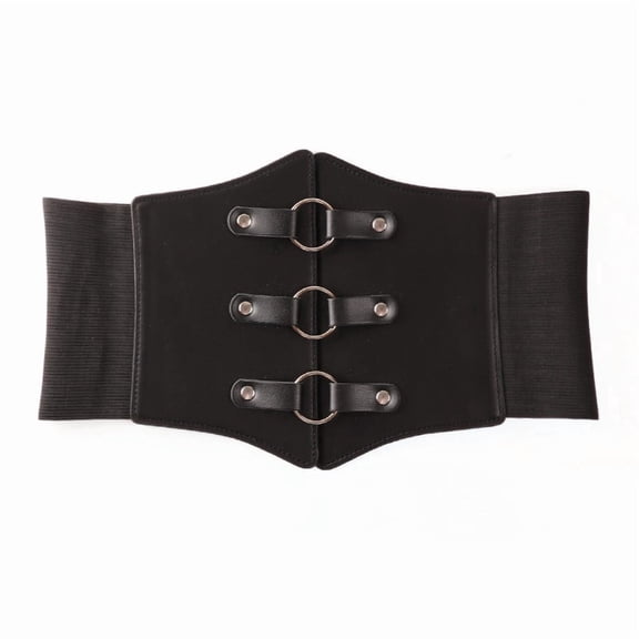 Women Super Wide Faux Leather Black Belt Elastic Stretch Dress Waistband