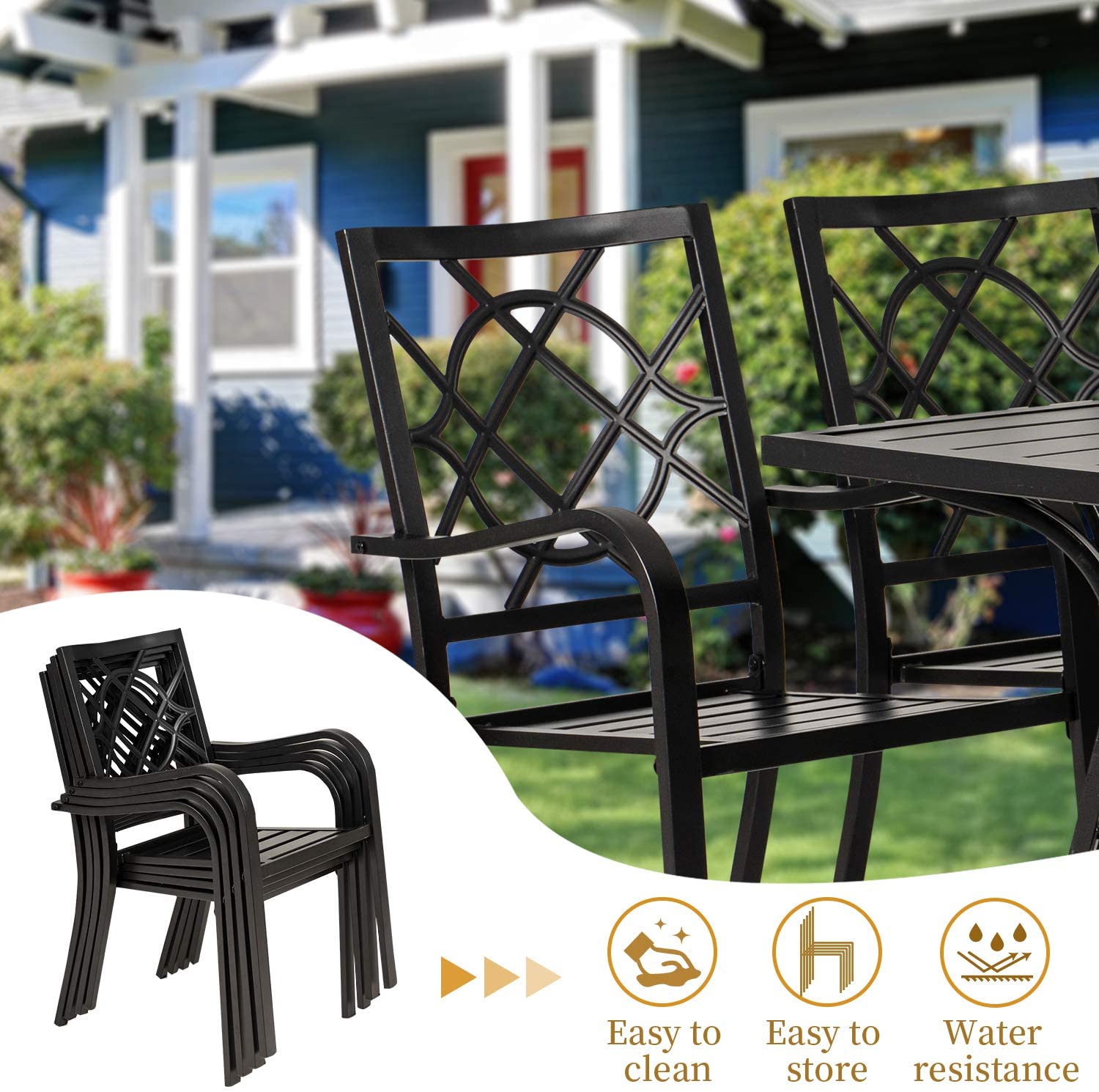 SOLAURA Outdoor Patio Stackable Wrought Iron Dining Chairs Set of 4- Black - image 3 of 7