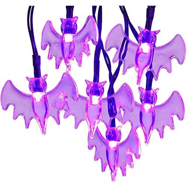 Guirnaldas de luces solares para Halloween, 20 pies, 40 LED, luces LED de murciélago moradas, resistentes al agua, para decoración de fiestas interiores y exteriores de Halloween, patio, césped,
