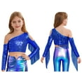 thumbnail image 6 of Miutii Girls One-Shoulder Sequins Dance Tops Tassel Sparkle Long Sleeve Crop Top Performance Outfits for 5-16 Years Royal Blue 8, 6 of 7
