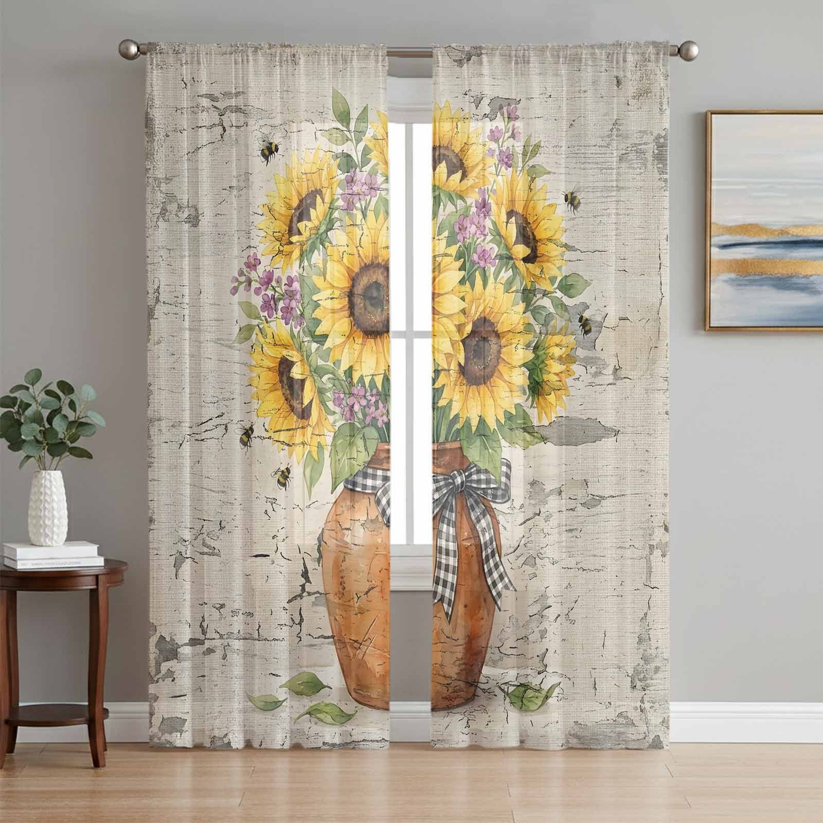 Vintage Floral Semi Sheer Curtains 84 Inch Length 2 Panels Set Yellow Sunflowers Leaves Bouquet Rustic Beige Sheer Kitchen Curtain Privacy Voile Window Curtain for Living Room Bedroom Drapes