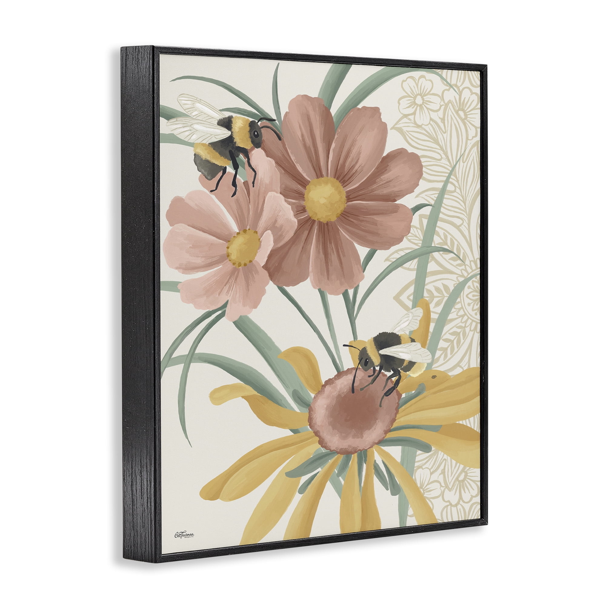 Stupell Industries Pollinating Bumble Bees Botanical & Floral Painting Black Framed Art Print Wall Art, 11 x 14