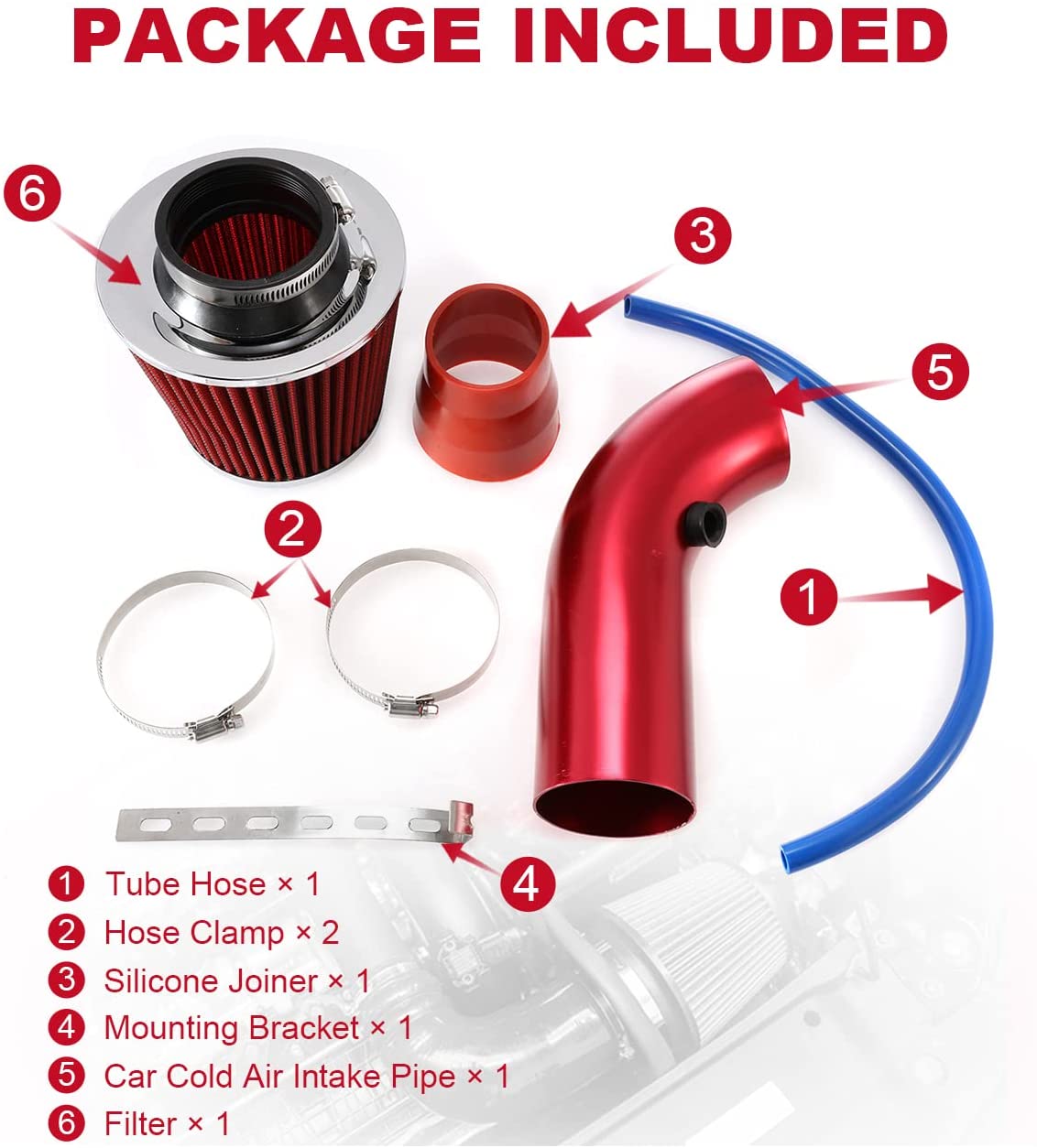 Universal Car Cool Air Intake Kit 3 Inch Diameter Pipe Aluminium Automotive Filter Induction Low Hose and Clamp Kits (Red)