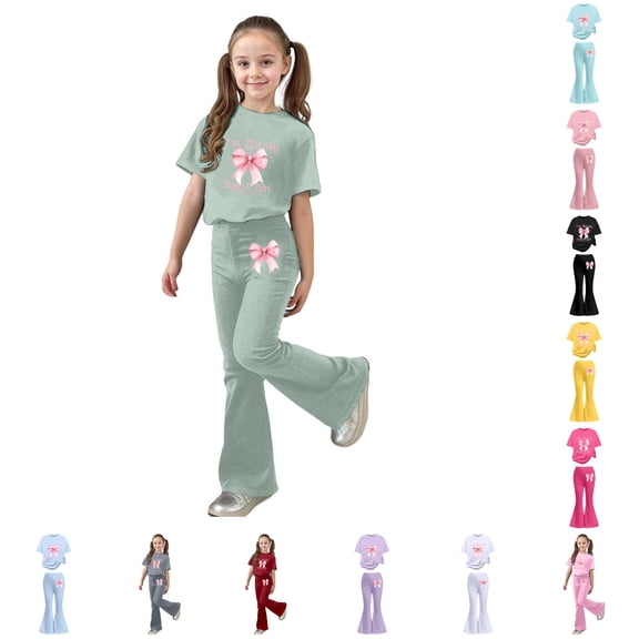 FYDUU Girls Outfits Sets Summer Short Sleeve Bow Graphic T-Shirt Tops Flared Pants 2 Piece Kids Girl Fashion Clothing Set 11-12 Years