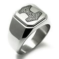 thumbnail image 1 of Stainless Steel Thor's Hammer Mjolnir Knot Viking Norse Engraved Square Flat Top Biker Style Polished Signet Ring, 1 of 1