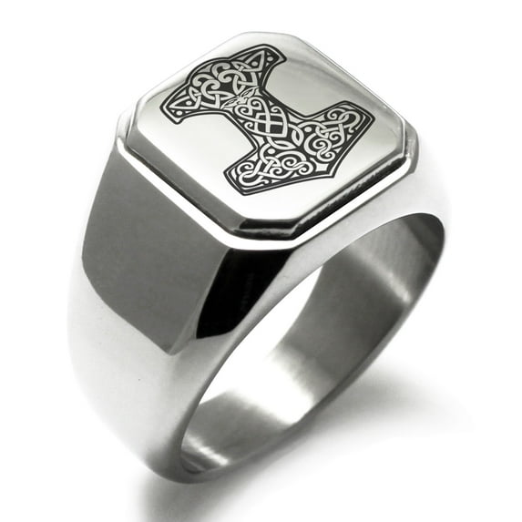 Stainless Steel Thor's Hammer Mjolnir Knot Viking Norse Engraved Square Flat Top Biker Style Polished Signet Ring