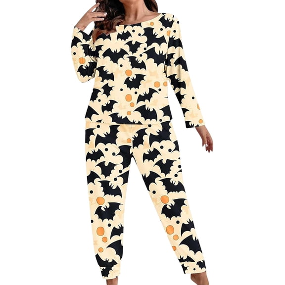Xijirk Women Halloween Pajama Set Long Sleeve Boat Neck Top with Jogger Pants Bat Polka Dot Print Loungewear for Sleepwear and Holiday Party,Light Yellow,XXL