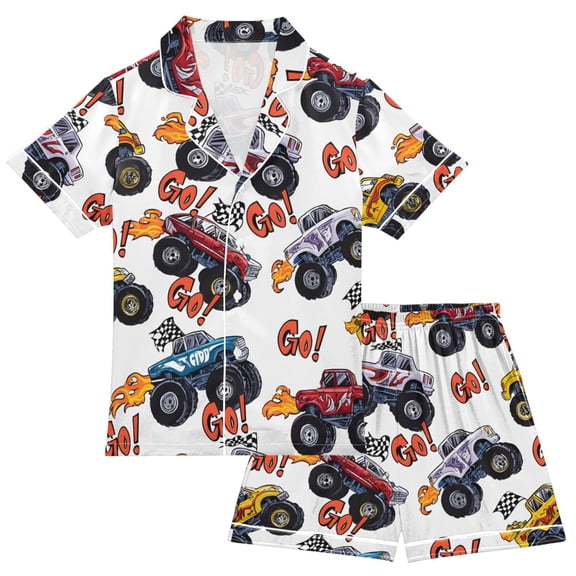 Monster Trucks Print Boy Girls Satin Pajamas Set Button-Up Short Sleeve Pj Sleepwear for 7-8 Years
