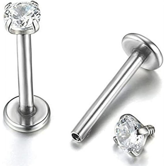 Nvzi-a 2pcs 16G 3mm Cubic Zirconia Inlaid Lip Rings Labret Nose Studs Helix Round Shape Stud Earring Body Piercing Jewelry