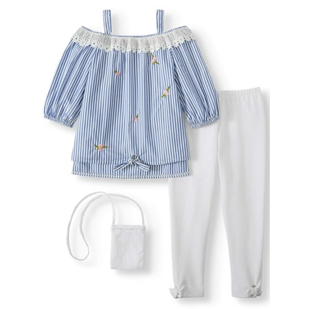 Girls Peacock Outfit Forever Me Off the Shoulder Embroidered Stripe Top and Legging, 2-Piece Outfit Set With Purse (Little Girls & Big Girls) ()