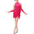 thumbnail image 1 of Rswnyirn Robe de Danse à Franges pour Filles Enfants Latin Jazz Salsa Samba Rumba Cha Tango Ballroom Rose Vif 120, 1 of 4