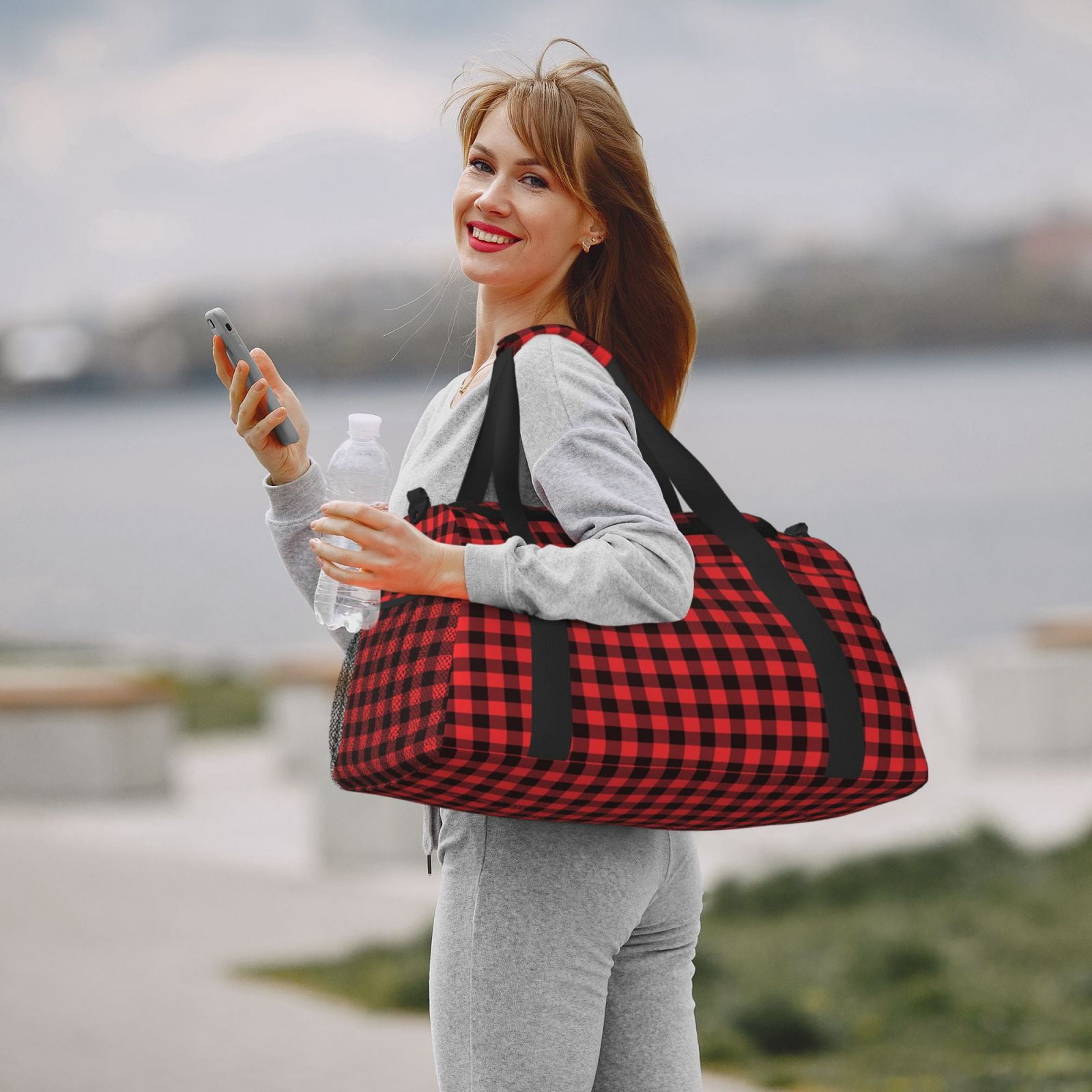 Fuzoiu Buffalo Plaid Red Black Print Travel Duffle Bag,Carry On Tote Bags,Duffel Bag,Sport Gym Bag, Hospital Bag for Labor and Delivery, Overnight Bag,Luggage Bag