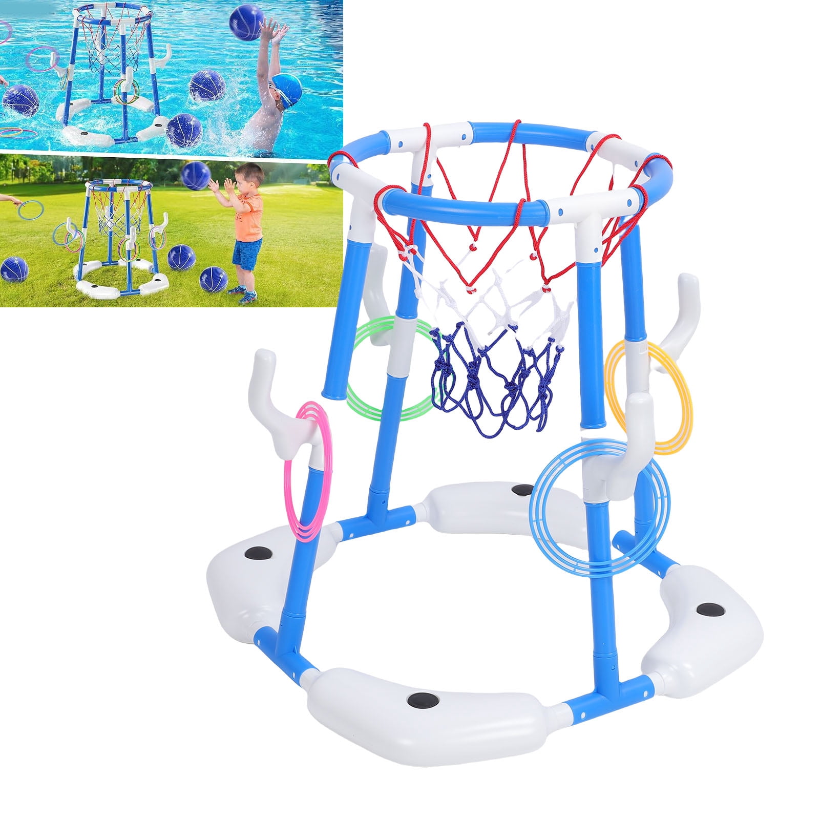 Panier Basket Flottant 2-en-1 – Piscine, Eau, Terre – 2 Ballons, 12 Anneaux, Pompe Inclus – Enfant/adulte