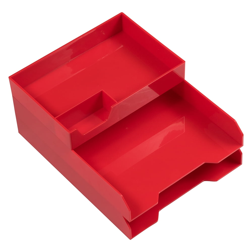 JAM Paper & Envelope Stackable Desktop Trays, Red, Office Desk Supply & Paper Organizer Set, 1