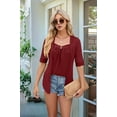 thumbnail image 5 of Fake Two-Piece Square Collar Patchwork Buttons 3/4 Sleeve Tunics Blouse T-Shirt Wine Red XL, 5 of 7