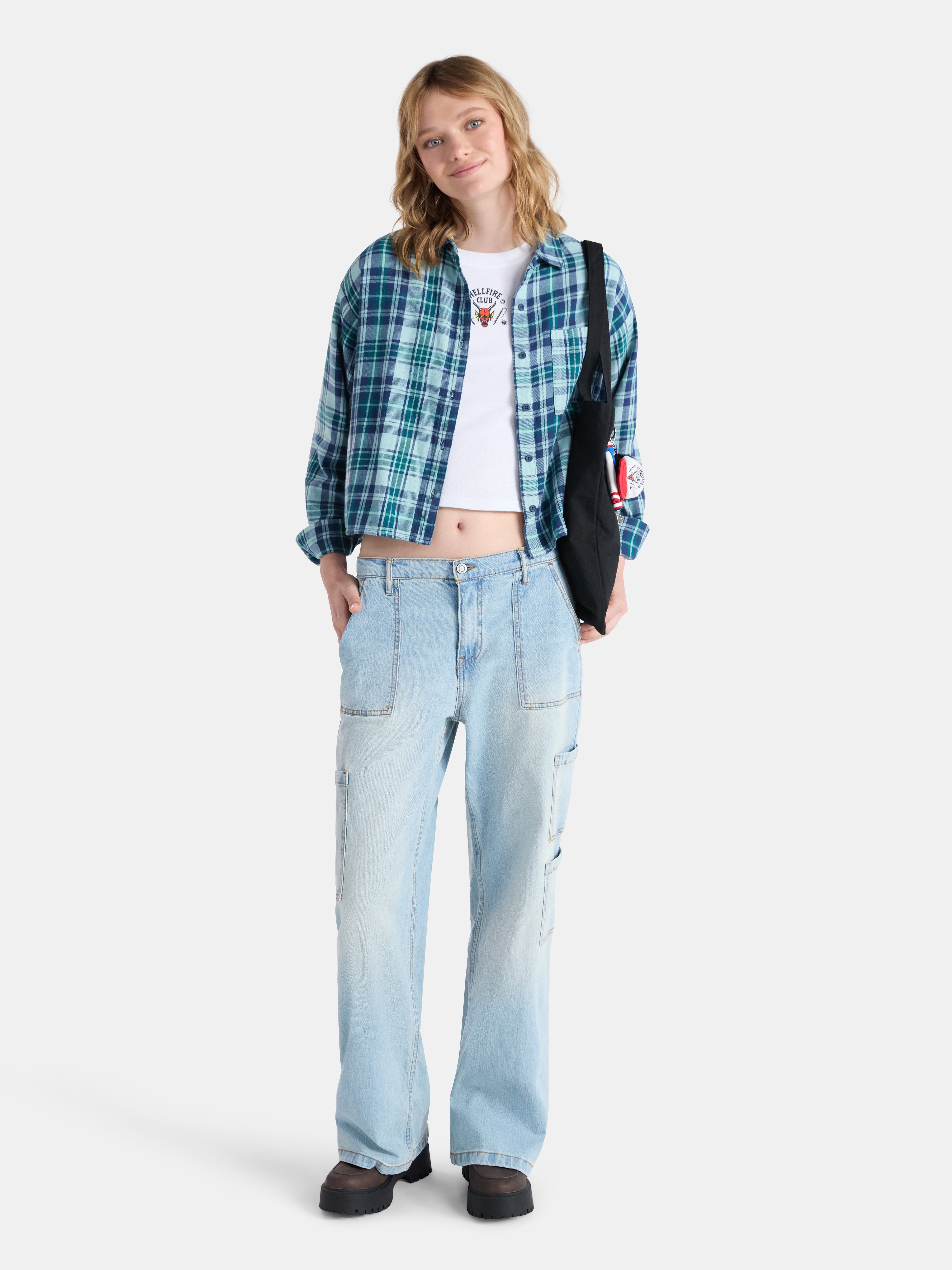 Netflix Stranger Things Cotton Cropped Flannel from No Boundaries, Women’s & Women’s Plus