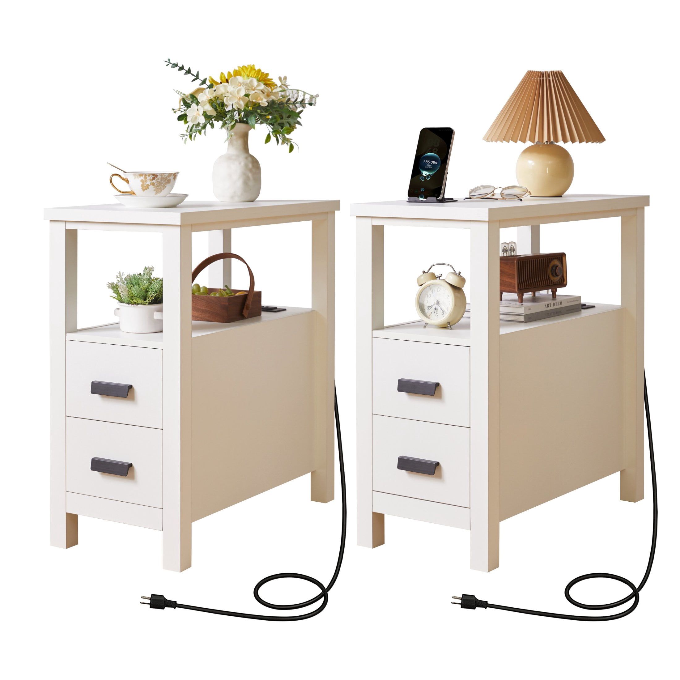 Noble House End Table with Charging Station, 2-Drawer Nightstand with AC Outlets, White
