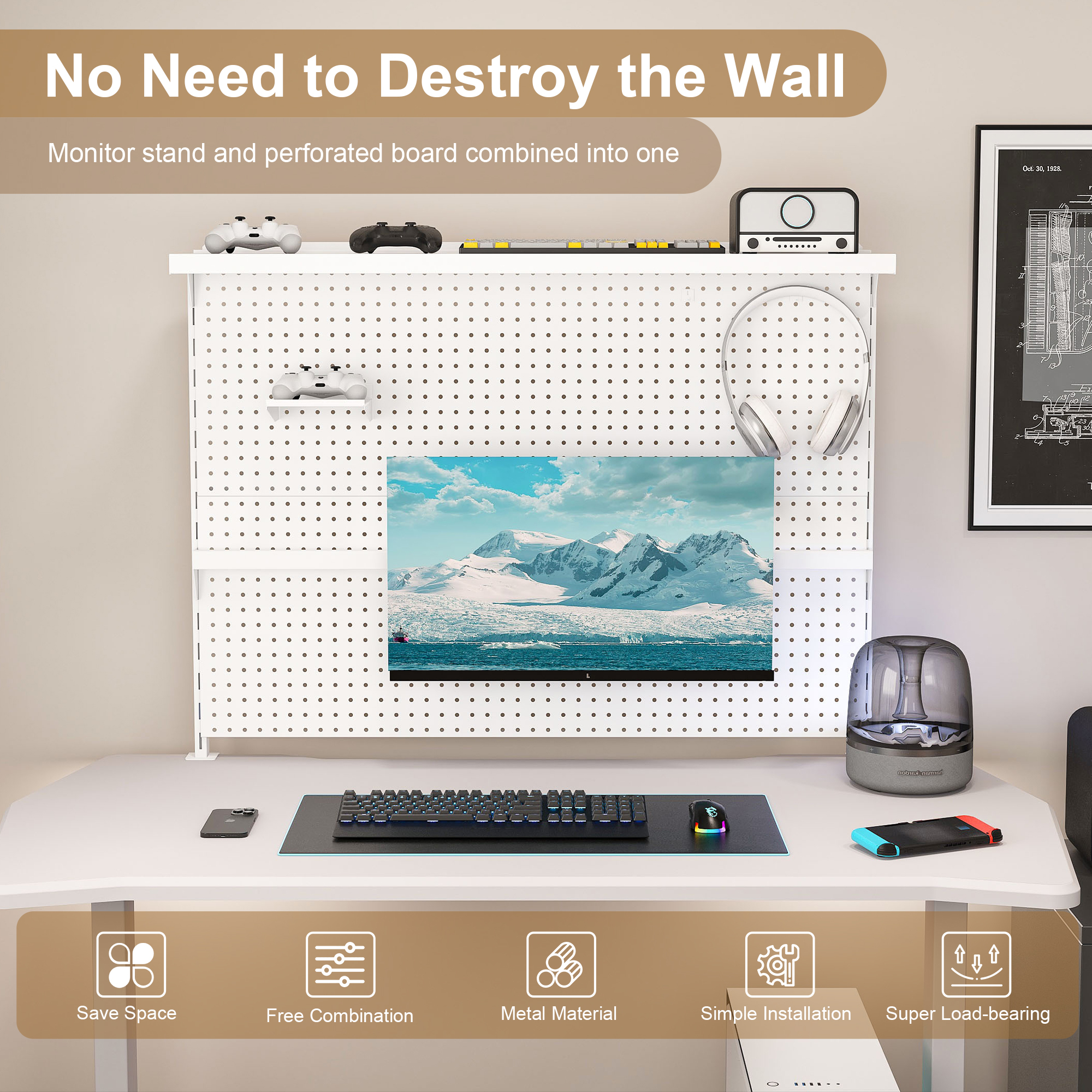 Montary Gaming & Office Desk Organizer with Dual Monitor Stand, 43x35" Metal Pegboard Privacy Panel, White
