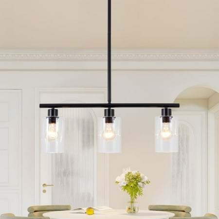 

AFANQI 3 Lights Black Suspension Linear Light Fixture Chandelier with Glass Shade and Adjustable Lamp Stem Modern Dining Room Table Top Light Fixture (L23.6*H27.5)