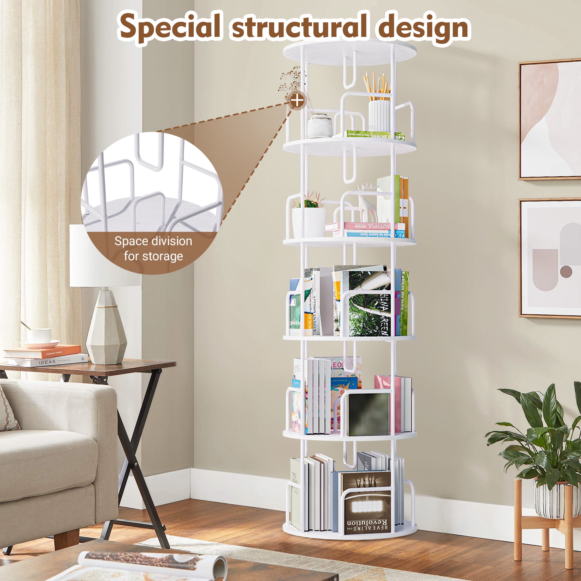 Rotating Bookshelf Tower 5 Tier,Spinning Bookcase, Revolving 360 Book Shelf Narrow Tall Bookcase, Vertical Turning Round storage Bookshelf ,Book Shelf Organizer for Bedroom, Living Room, White