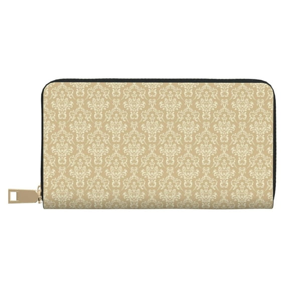 Leather Thin Slim Wallets for Women Men - Damask Beige Tan Brown Clutch Card Wallet for Women Men with Zipper