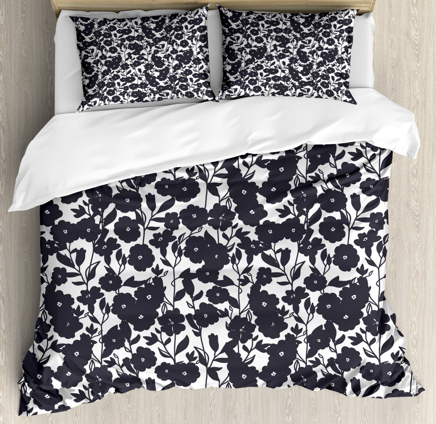 Floral Duvet Cover Set Dark Charcoal Gardening Flowers Leaves And