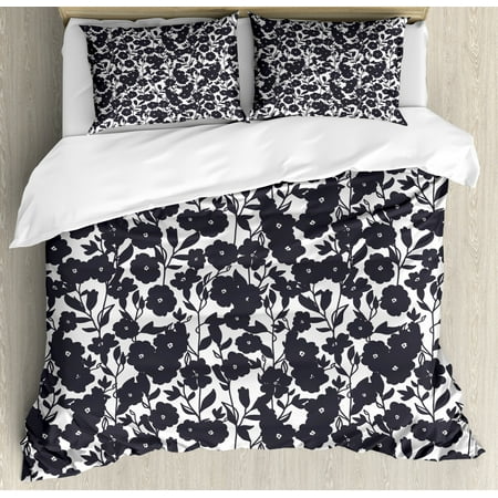 Floral Duvet Cover Set Dark Charcoal Gardening Flowers Leaves And