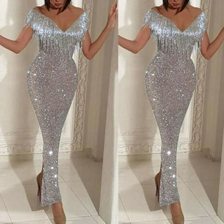 Women Formal Wedding Bridesmaid Long Evening Party Ball Prom Cocktail Dress Silver Size S