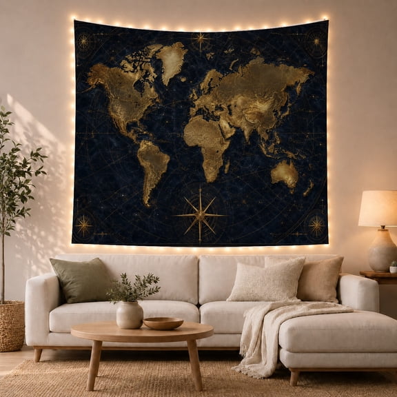 Vintage World Map in Golden Hue on Navy, Nostalgic Vintage for Cartography Enthusiasts, Antique Compass Rose Decor, Graduation Gift, Tapestry Wall Hanging for Bedroom and Dorm