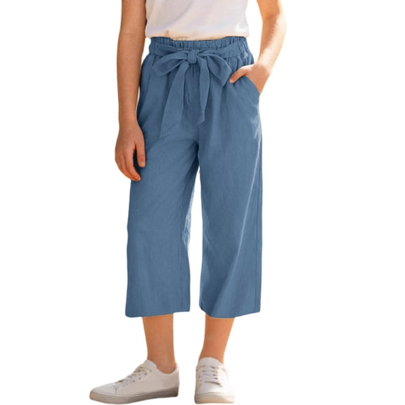 Mitankcoo Girls Summer Capri Pants Bow Tie Waist Wide Straight Trousers with Pockets for Casual Daily Wear