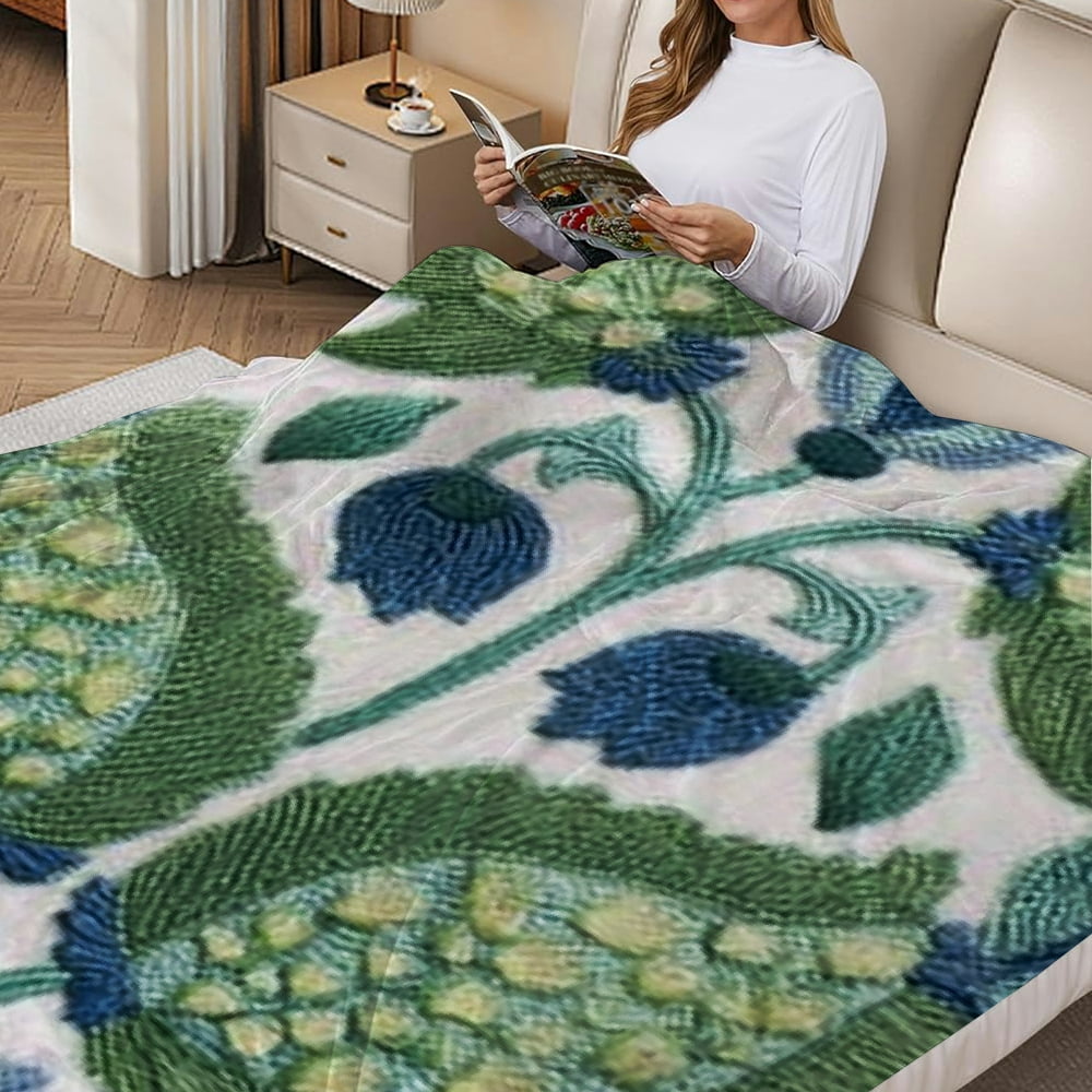 Creowell Lightweight Flannel Blanket Blue Green Leaves Design All-Season 60*80in