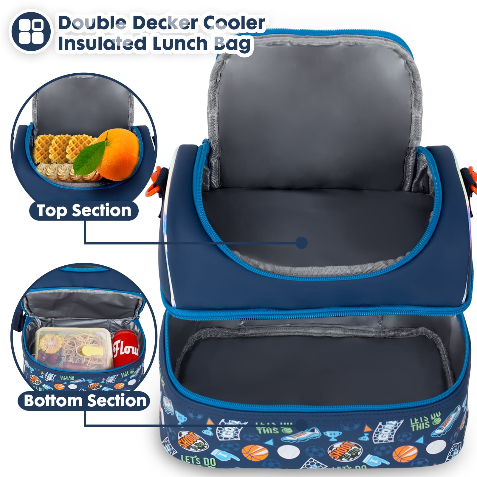 YOYTOO Insulated Lunch Bag, Double Deck Lunch Tote Bag Cooler Box with Adjustable Strap, Soccer