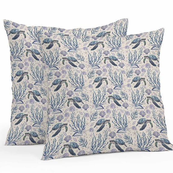 Outdoor Waterproof Pillow Covers Pack of 2, Summer Ocean Turtle Starfish Coral Shell Linen Background Decorative Throw Pillowcases Cushion Covers for Garden Patio Tent Sofa Couch, 18x18 inch