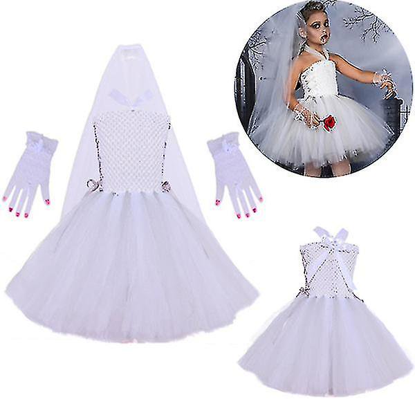 Disfraz de Halloween para niñas, disfraz de novia fantasma, velo, vampiro, vestido elegante de tul