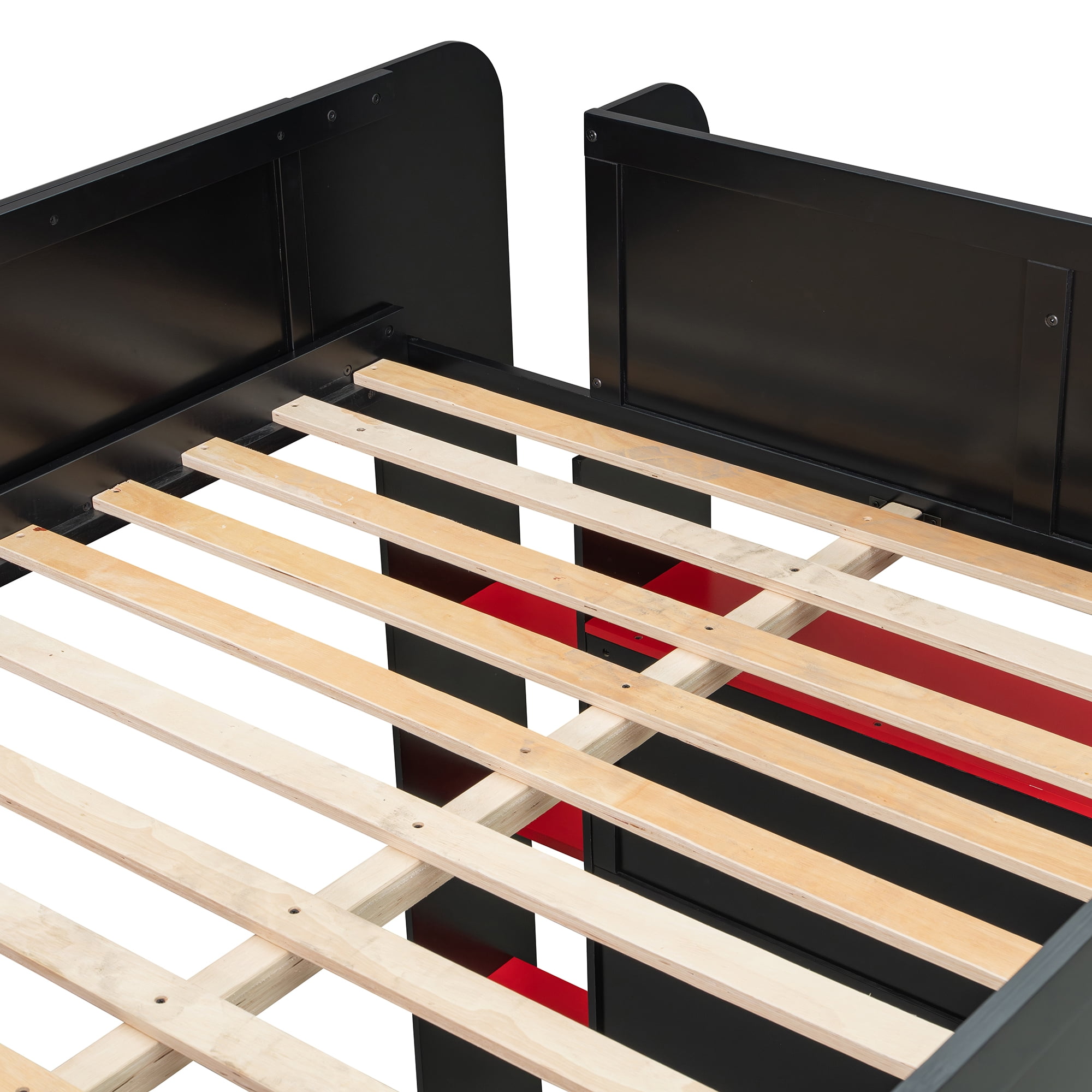 Aukfa Full Size Loft Bed with Desk, Wardrobe, USB Port and RGB Lights, Wood Gaming Loft Bed for Kids Teens Adults, Red