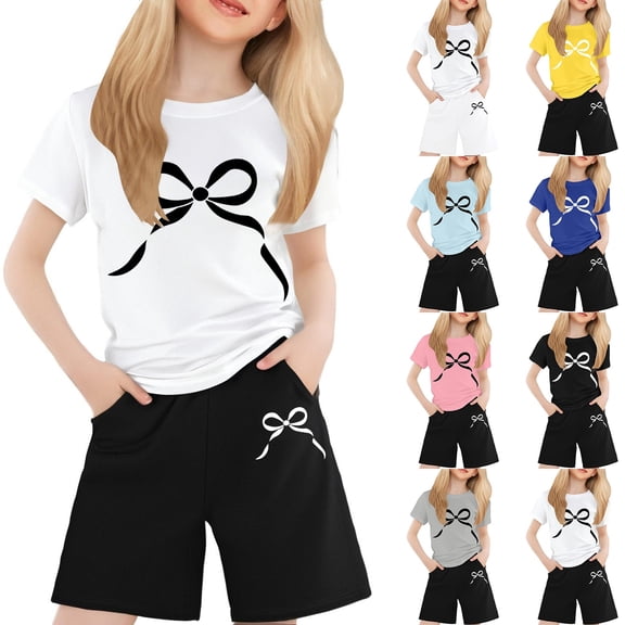 LRen Girls Outfits Size 10-12 Cartoon Print Short Sleeve Tee and Shorts Crewneck Casual Holiday T Shirt Short Pants 2 Piece Suit Back To School Clothes