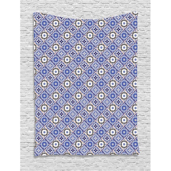 Moroccan Tapestry, Geometric Tile Squares with Middle Eastern Arabesque Azulejo Design, Wall Hanging for Bedroom Living Room Dorm Decor, 40W X 60L Inches, Violet Blue Black Cream, by Ambesonne